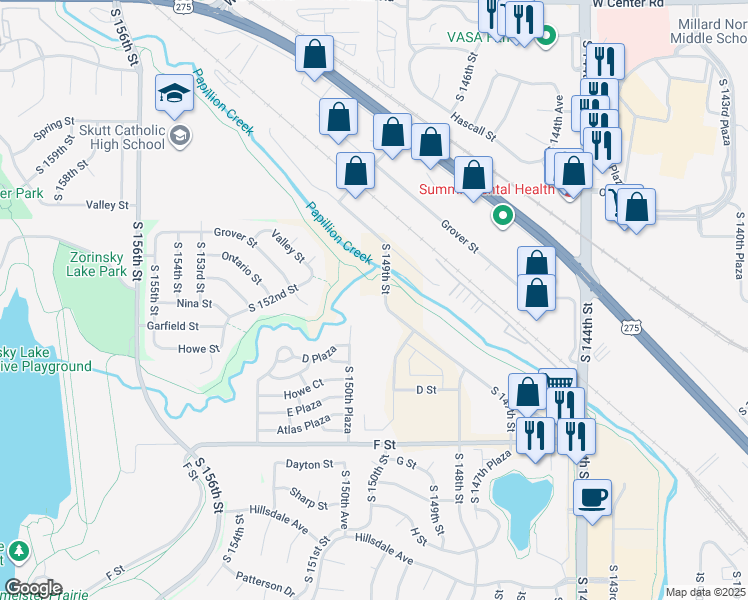 map of restaurants, bars, coffee shops, grocery stores, and more near 3726 South 149th Street in Omaha