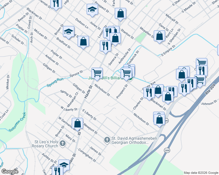 map of restaurants, bars, coffee shops, grocery stores, and more near 59 Frederick Street in Wilkes-Barre