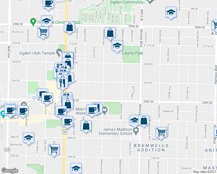 map of restaurants, bars, coffee shops, grocery stores, and more near in Ogden