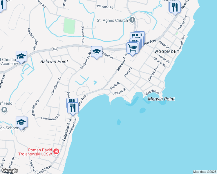 map of restaurants, bars, coffee shops, grocery stores, and more near 156 Merwin Avenue in Milford
