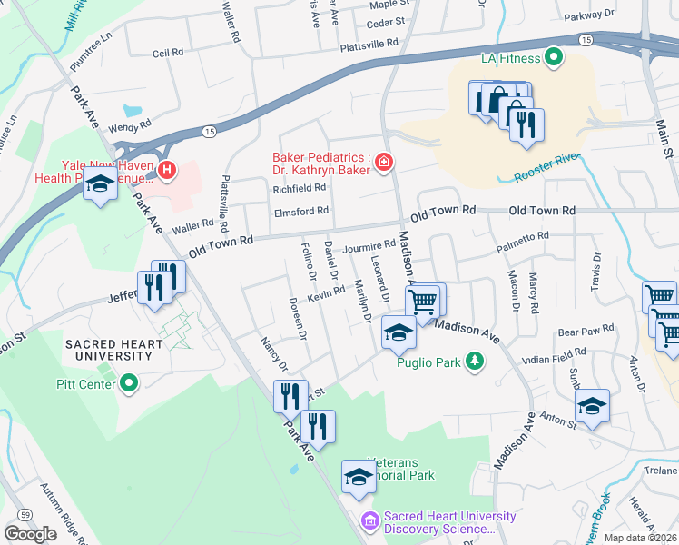 map of restaurants, bars, coffee shops, grocery stores, and more near 235 Marilyn Drive in Bridgeport