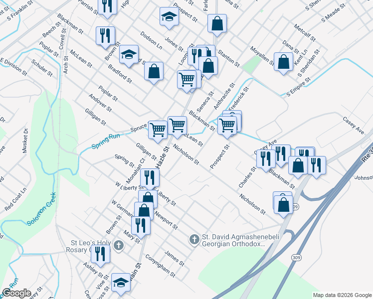 map of restaurants, bars, coffee shops, grocery stores, and more near 28 Nicholson Street in Wilkes-Barre
