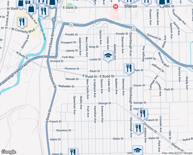 map of restaurants, bars, coffee shops, grocery stores, and more near 611 South Oakland Avenue in Sharon