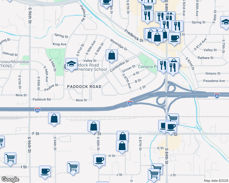 map of restaurants, bars, coffee shops, grocery stores, and more near 3616 South 89th Street in Omaha