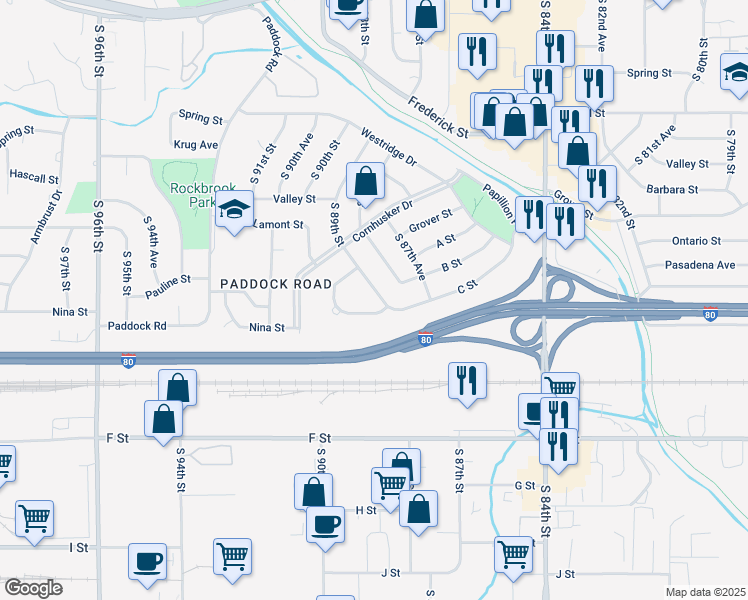 map of restaurants, bars, coffee shops, grocery stores, and more near 3616 South 89th Street in Omaha