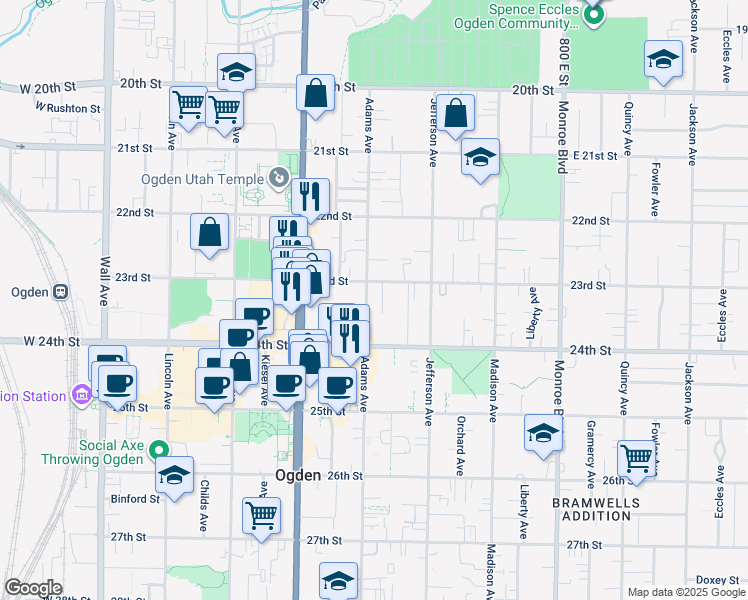 map of restaurants, bars, coffee shops, grocery stores, and more near 2324 Adams Avenue in Ogden