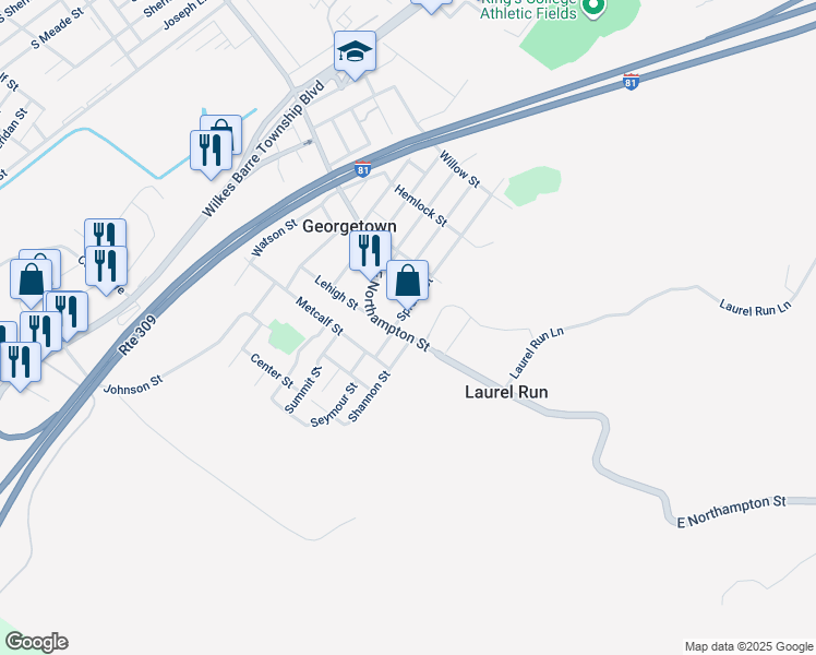 map of restaurants, bars, coffee shops, grocery stores, and more near 850 East Northampton Street in Wilkes-Barre Township