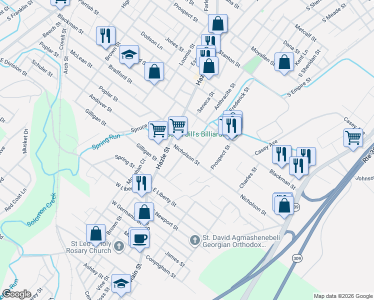 map of restaurants, bars, coffee shops, grocery stores, and more near 28 Nicholson Street in Wilkes-Barre