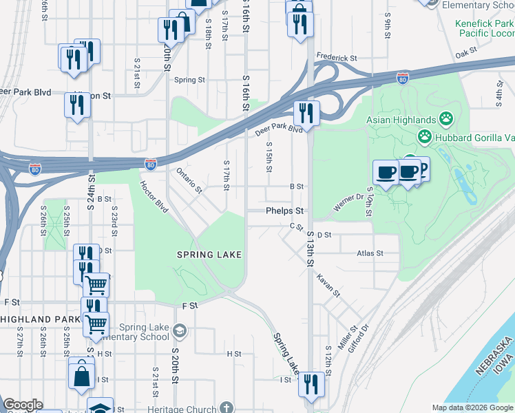 map of restaurants, bars, coffee shops, grocery stores, and more near 3713 South 16th Street in Omaha