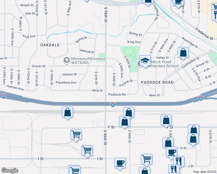 map of restaurants, bars, coffee shops, grocery stores, and more near 3628 South 95th Street in Omaha