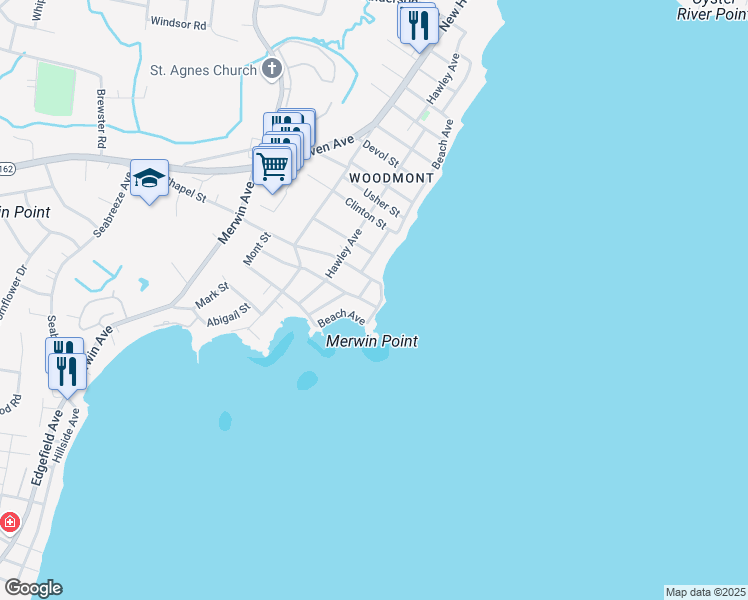 map of restaurants, bars, coffee shops, grocery stores, and more near 100 Beach Avenue in Milford