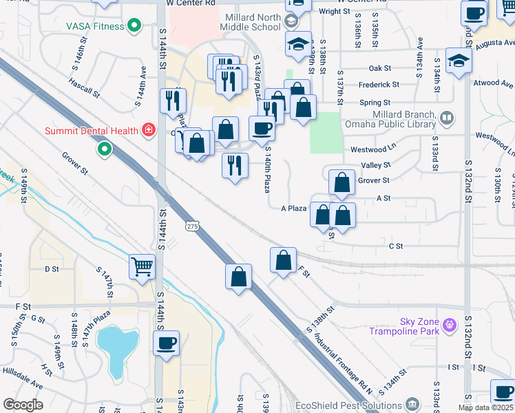 map of restaurants, bars, coffee shops, grocery stores, and more near 3351 Oak View Drive in Omaha