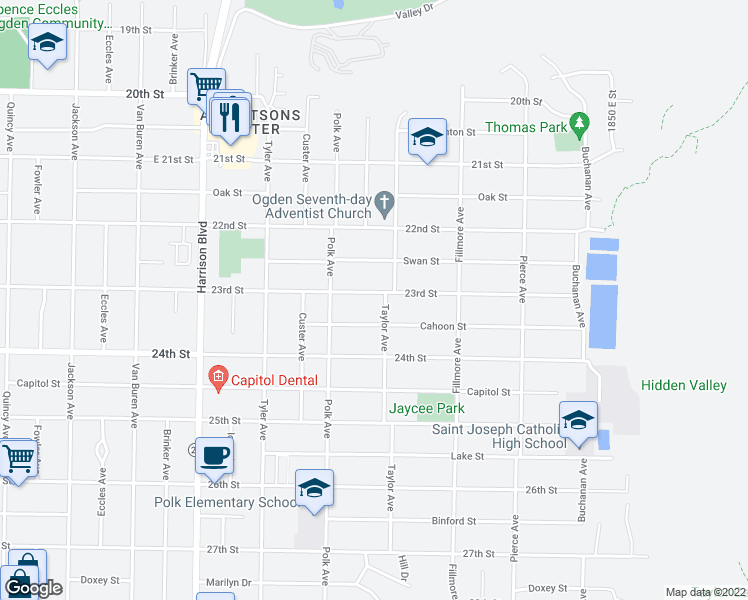 map of restaurants, bars, coffee shops, grocery stores, and more near 1485 23rd Street in Ogden