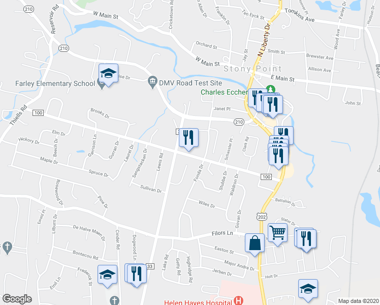 map of restaurants, bars, coffee shops, grocery stores, and more near 79 County Road 100 in Stony Point