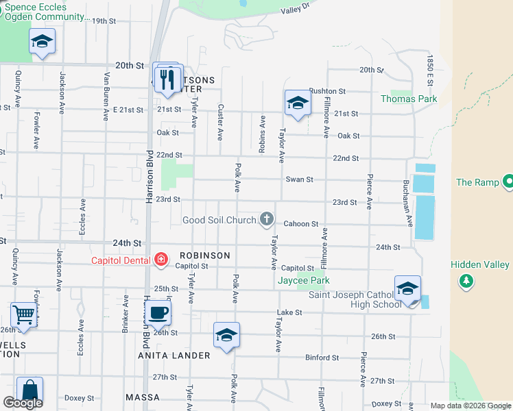 map of restaurants, bars, coffee shops, grocery stores, and more near 1433 23rd Street in Ogden
