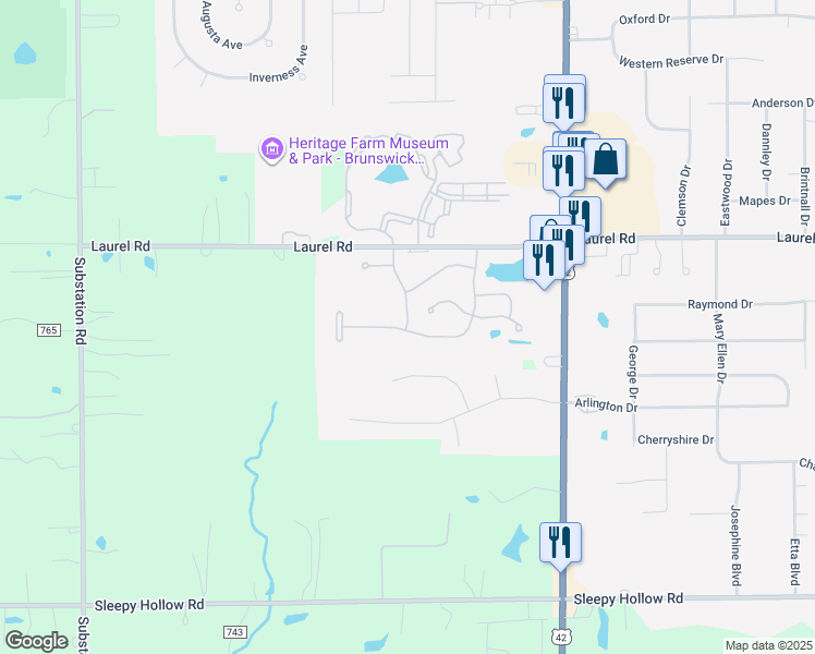 map of restaurants, bars, coffee shops, grocery stores, and more near 4477 Aylesworth Drive in Brunswick