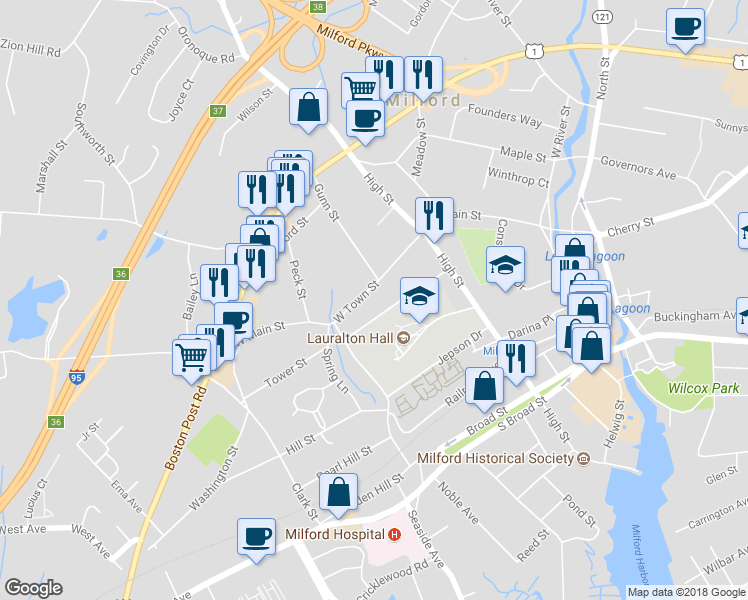 map of restaurants, bars, coffee shops, grocery stores, and more near 223 West Main Street in Milford