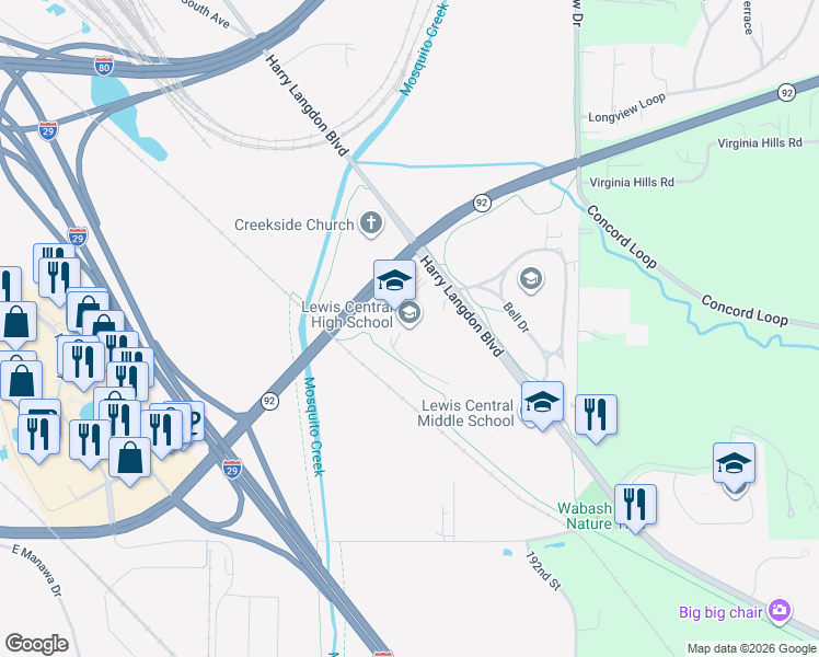 map of restaurants, bars, coffee shops, grocery stores, and more near 3504 Harry Langdon Boulevard in Council Bluffs