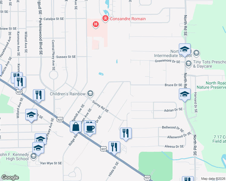 map of restaurants, bars, coffee shops, grocery stores, and more near 1125 Patchen Avenue Southeast in Warren