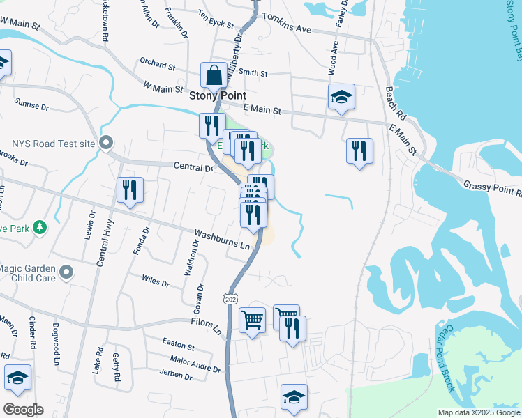 map of restaurants, bars, coffee shops, grocery stores, and more near 54 South Liberty Drive in Stony Point