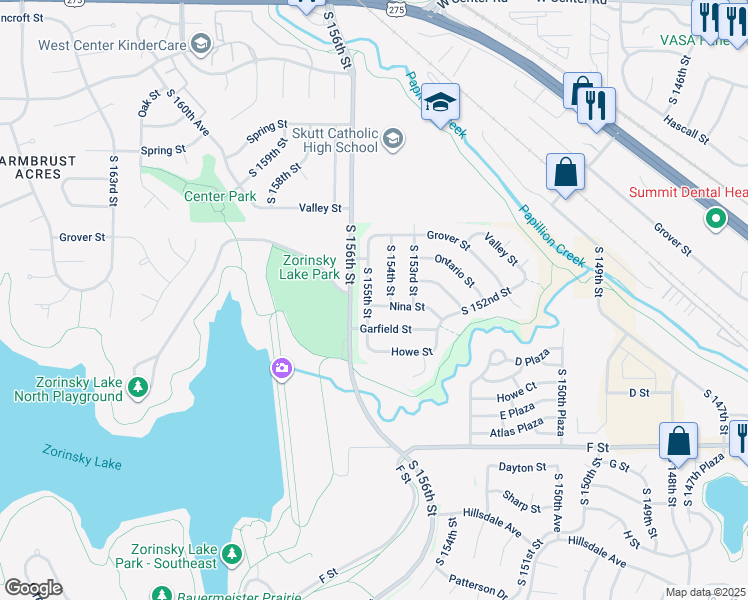 map of restaurants, bars, coffee shops, grocery stores, and more near 3716 South 155th Street in Omaha