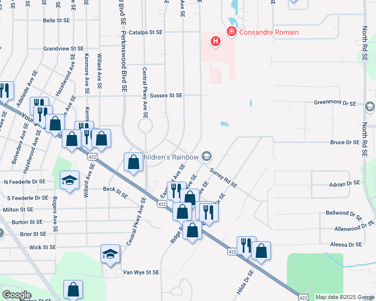 map of restaurants, bars, coffee shops, grocery stores, and more near 1216 Eastland Avenue Southeast in Warren