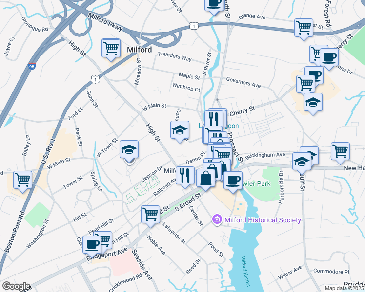 map of restaurants, bars, coffee shops, grocery stores, and more near 175 High Street in Milford
