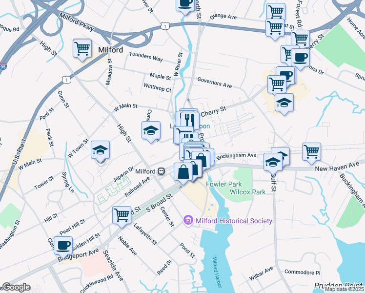 map of restaurants, bars, coffee shops, grocery stores, and more near 1 West River Street in Milford