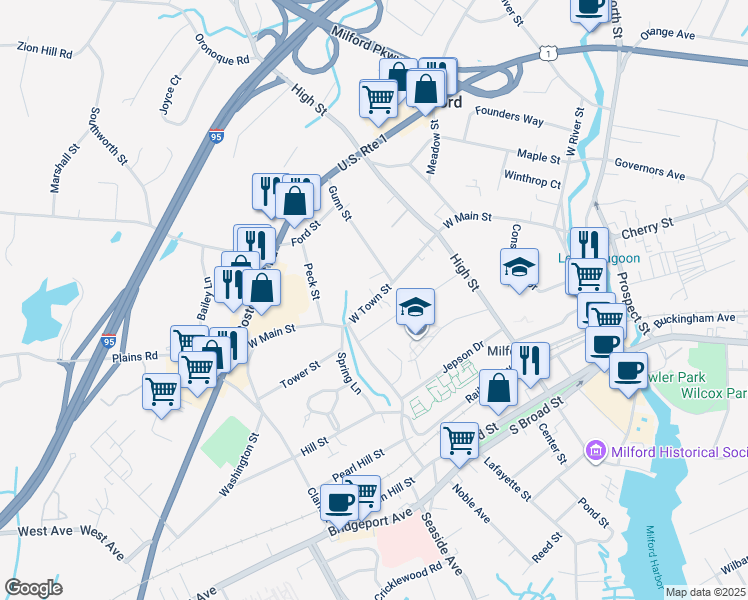 map of restaurants, bars, coffee shops, grocery stores, and more near 223 West Main Street in Milford