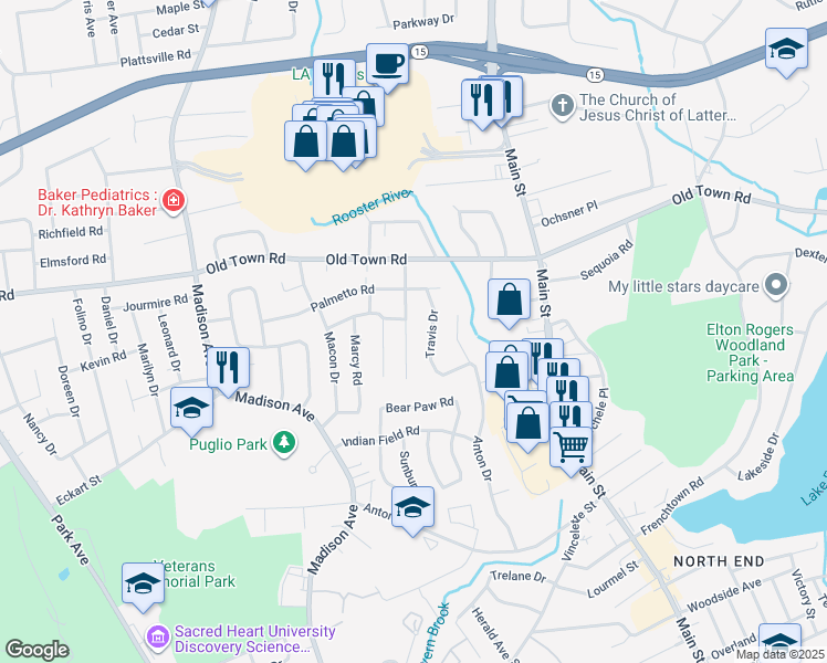 map of restaurants, bars, coffee shops, grocery stores, and more near 121 Acton Road in Bridgeport