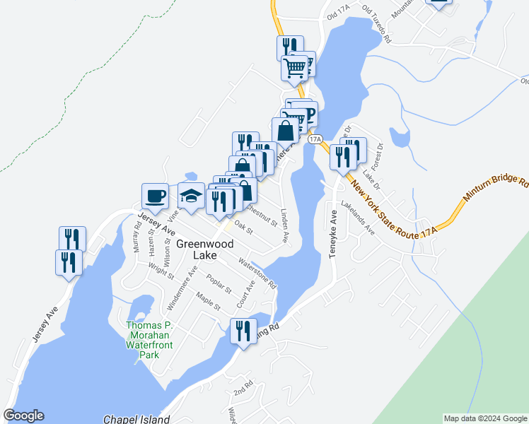 map of restaurants, bars, coffee shops, grocery stores, and more near 9 Walnut Street in Greenwood Lake