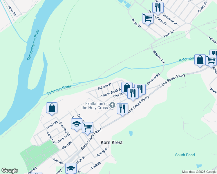 map of restaurants, bars, coffee shops, grocery stores, and more near 57 Pulaski Street in Wilkes-Barre