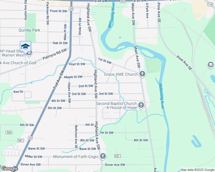 map of restaurants, bars, coffee shops, grocery stores, and more near 429 2nd Street Southwest in Warren