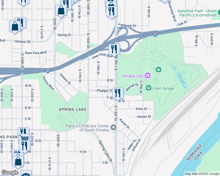 map of restaurants, bars, coffee shops, grocery stores, and more near 3725 South 14th Street in Omaha