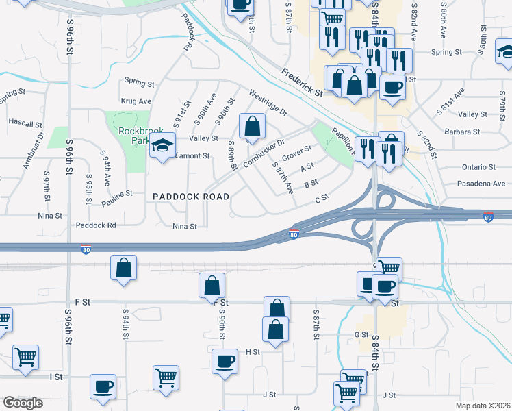 map of restaurants, bars, coffee shops, grocery stores, and more near 3616 South 89th Street in Omaha