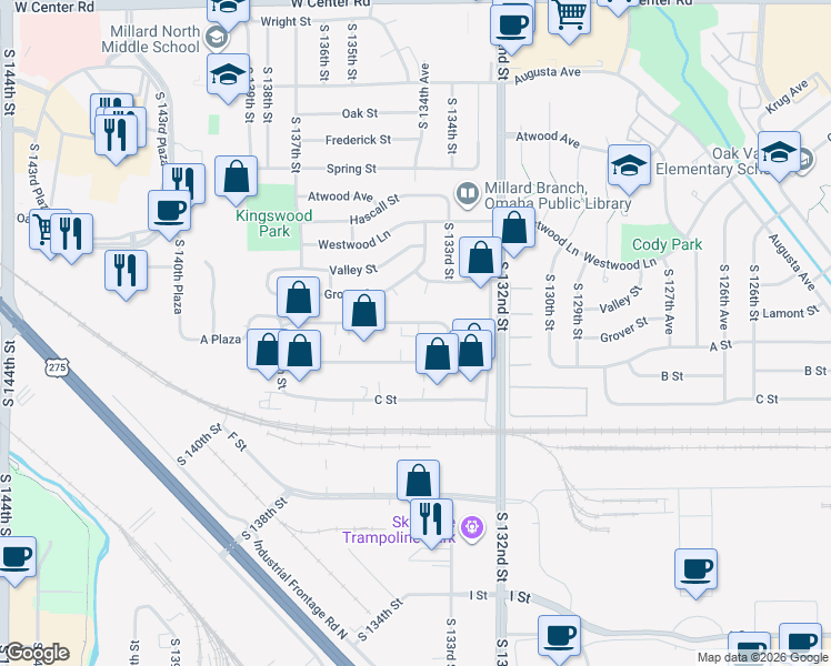 map of restaurants, bars, coffee shops, grocery stores, and more near 13335 A Street in Omaha