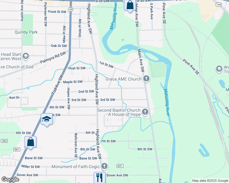map of restaurants, bars, coffee shops, grocery stores, and more near 429 2nd Street Southwest in Warren