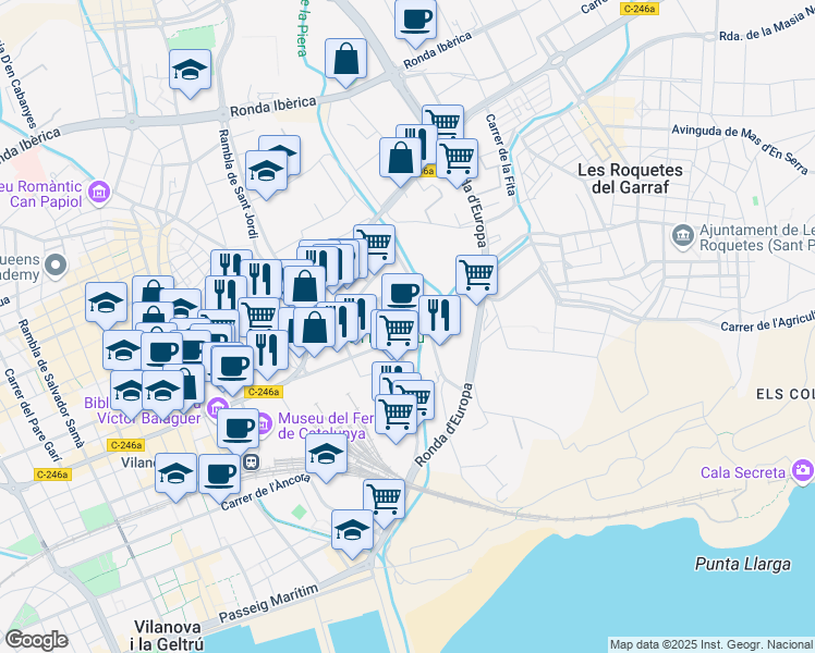 map of restaurants, bars, coffee shops, grocery stores, and more near 2 Carrer de Francesc Puig i Figueres in Vilanova i la Geltrú