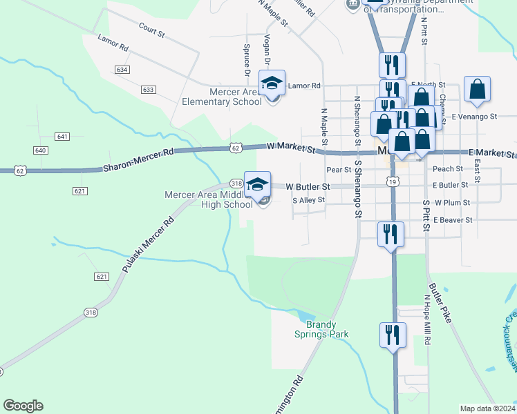 map of restaurants, bars, coffee shops, grocery stores, and more near 545 West Butler Street in Mercer