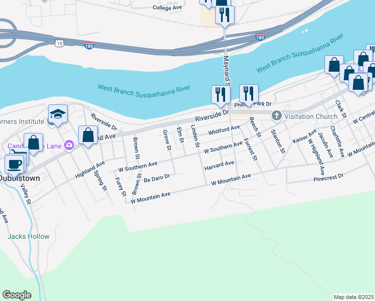 map of restaurants, bars, coffee shops, grocery stores, and more near 263 Elm Street in South Williamsport