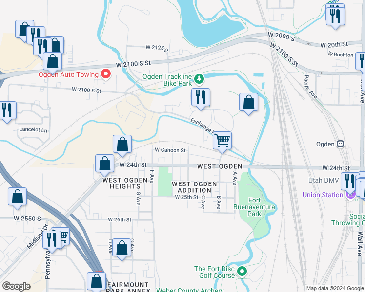 map of restaurants, bars, coffee shops, grocery stores, and more near 668 W Cahoon St in Ogden