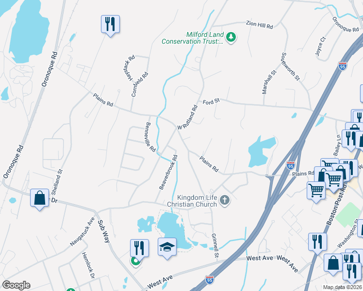 map of restaurants, bars, coffee shops, grocery stores, and more near 372 Plains Road in Milford