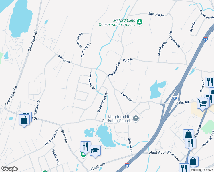 map of restaurants, bars, coffee shops, grocery stores, and more near 319 West Rutland Road in Milford