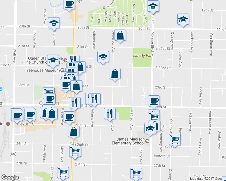 map of restaurants, bars, coffee shops, grocery stores, and more near 2314 Jefferson Avenue in Ogden