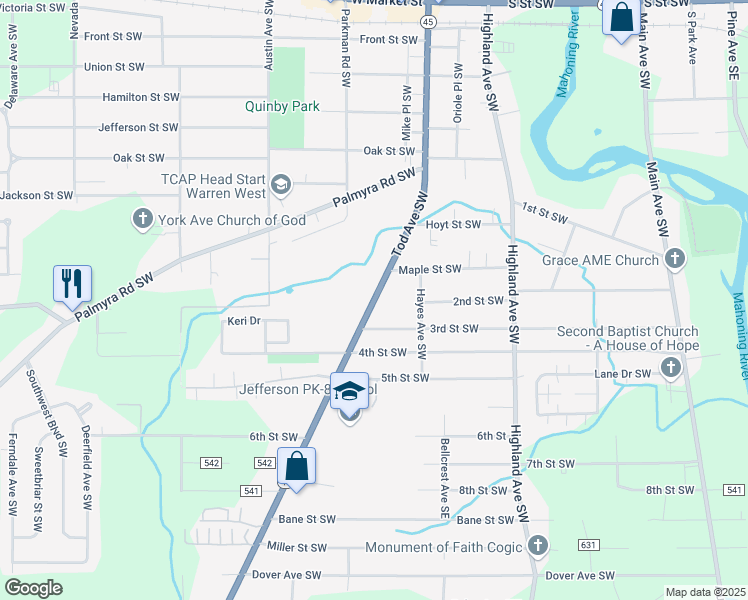 map of restaurants, bars, coffee shops, grocery stores, and more near 1150 Tod Avenue Southwest in Warren