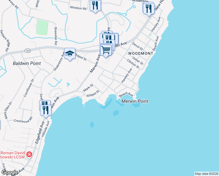 map of restaurants, bars, coffee shops, grocery stores, and more near 162 Kings Highway in Milford