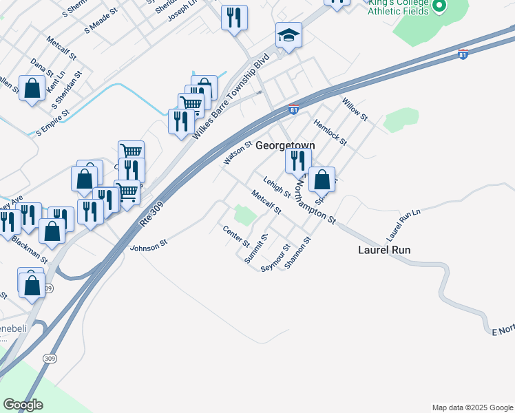 map of restaurants, bars, coffee shops, grocery stores, and more near 759 Metcalf Street in Georgetown