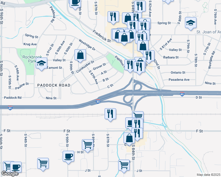 map of restaurants, bars, coffee shops, grocery stores, and more near 8623 C St in Omaha