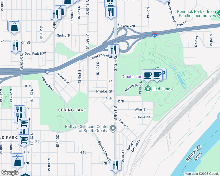 map of restaurants, bars, coffee shops, grocery stores, and more near 3725 South 14th Street in Omaha