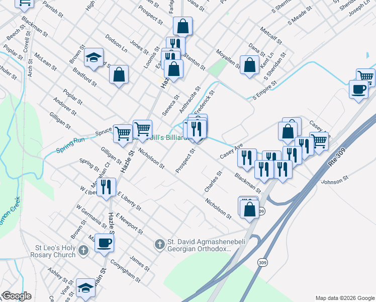 map of restaurants, bars, coffee shops, grocery stores, and more near 15 Prospect Street in Wilkes-Barre